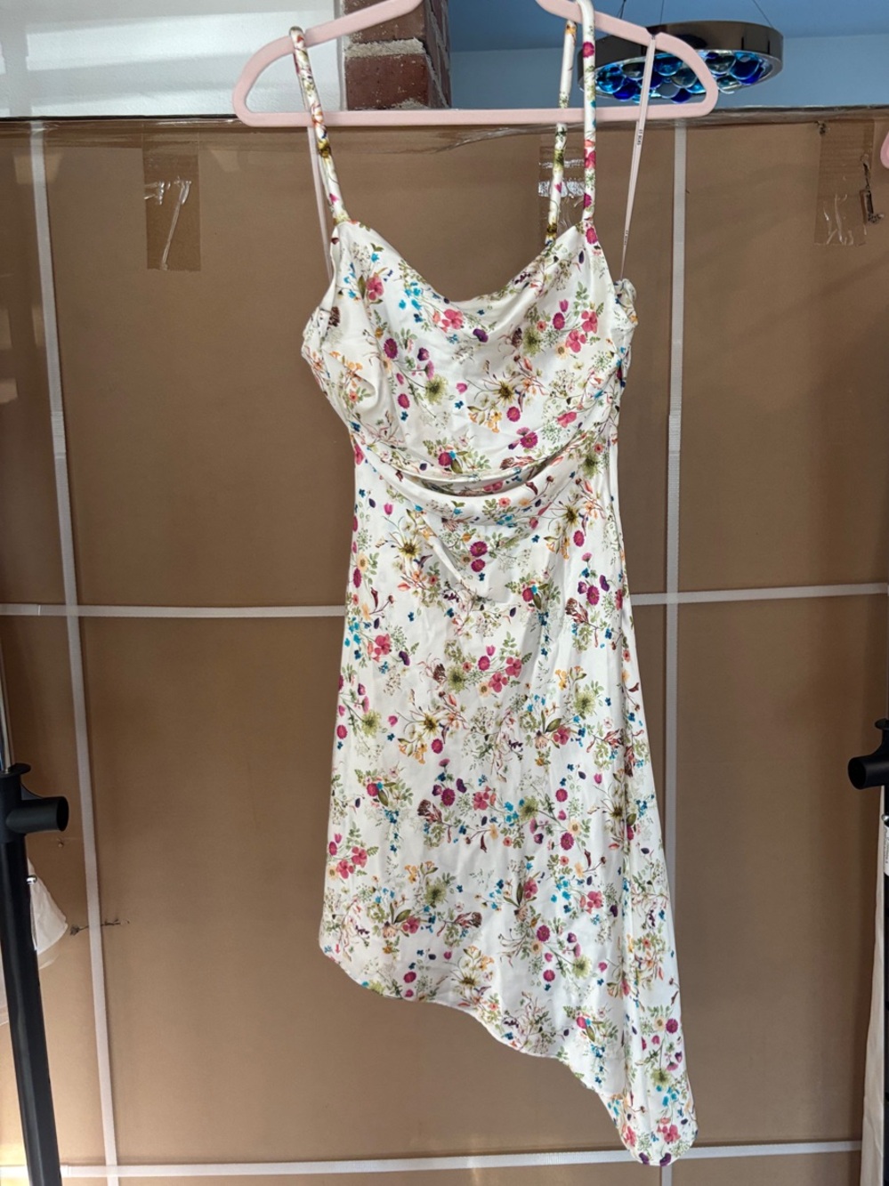 Floral Satin Midi Dress with Spaghetti Straps - Cream Floral
